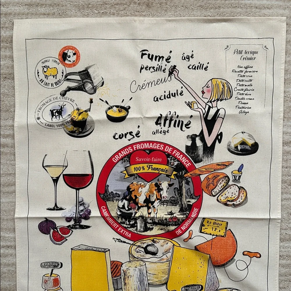 NWOT Torchons & Bouchons Tea Towel Cheese Party 19 x 28.5 inches French